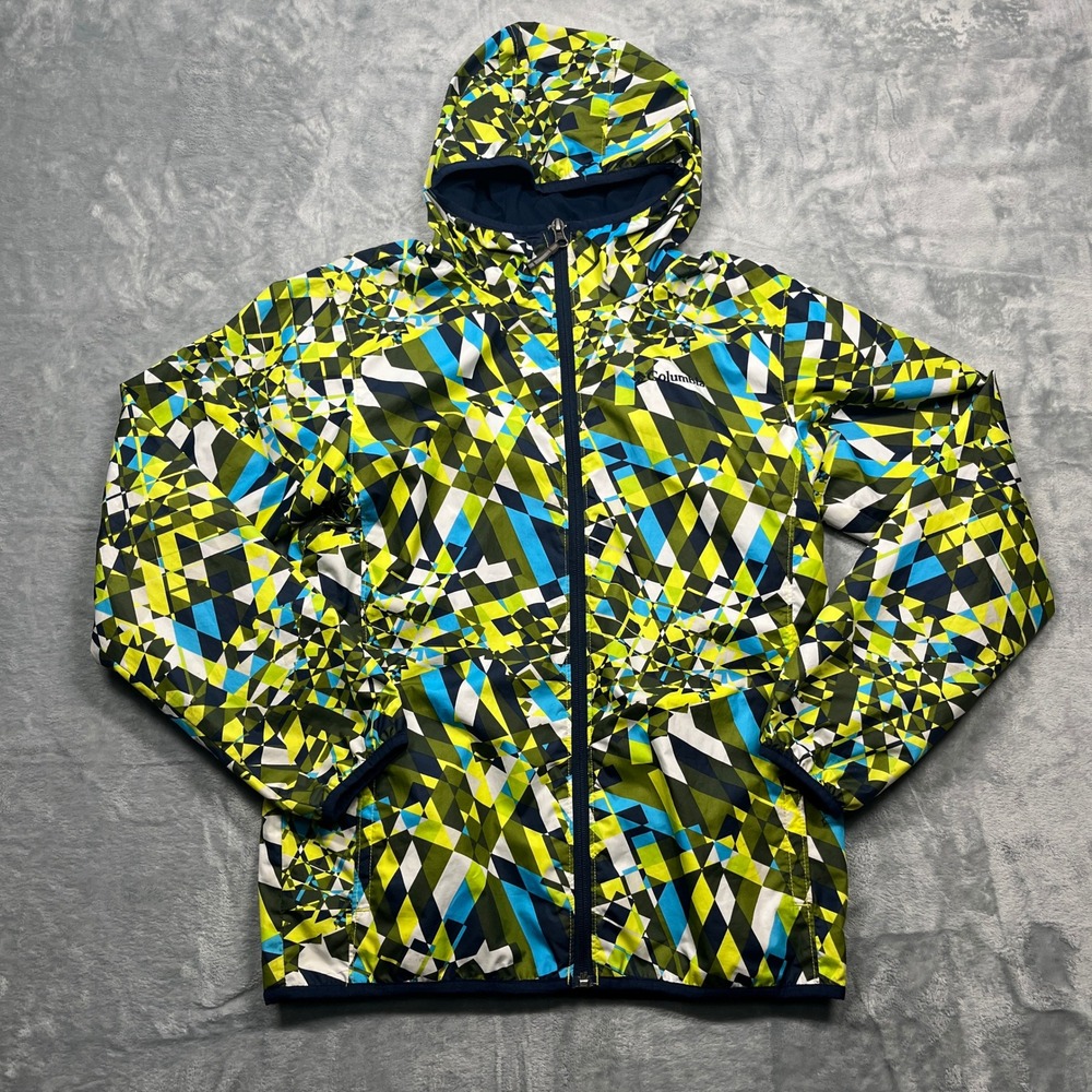 Columbia Windbreaker Boys Green Blue Geometric Omni-Wick Jacket L 14/16
